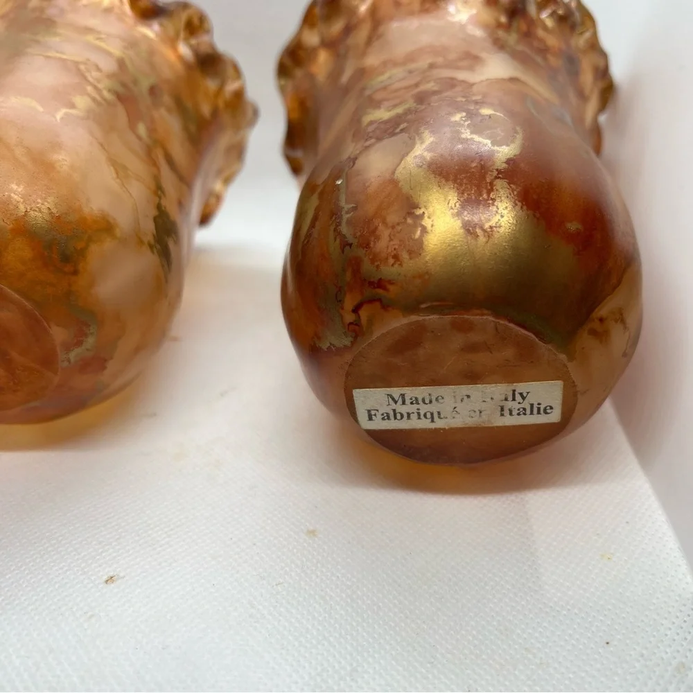 MCM Italian Swung Glass Candle Holders Amber with Metallic Swirls